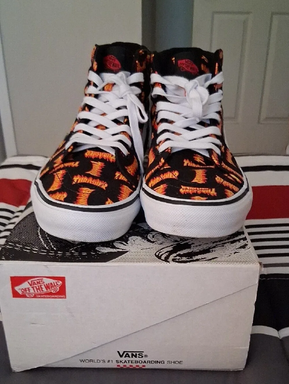 Vans High-Top Sneakers in Black and Orange Flame Print